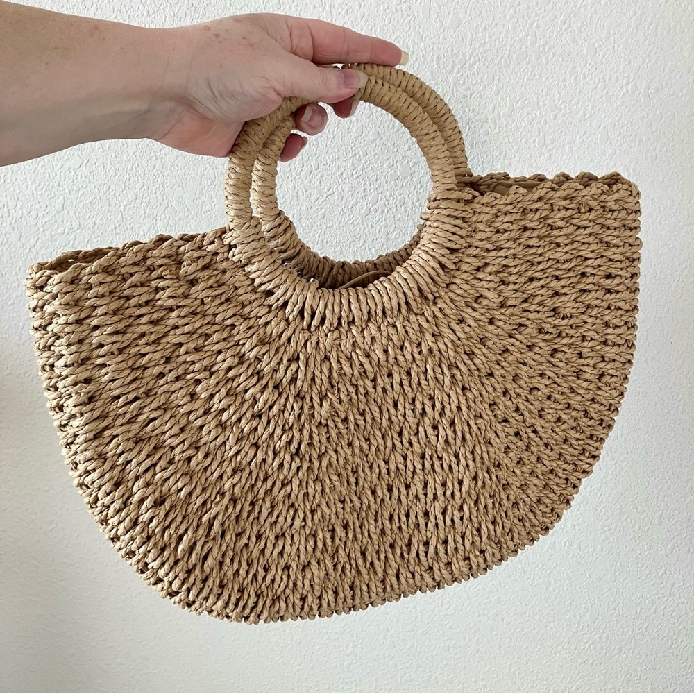 Straw Tote Beach Bag Half Moon Handbag Drawstring Lined Resort Chic Boho Tan - Picture 2 of 6
